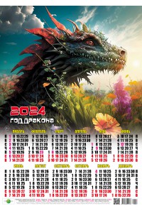 00027 Дракон в цветах - 2024 (Листовой настенный календарь, формат А2)
